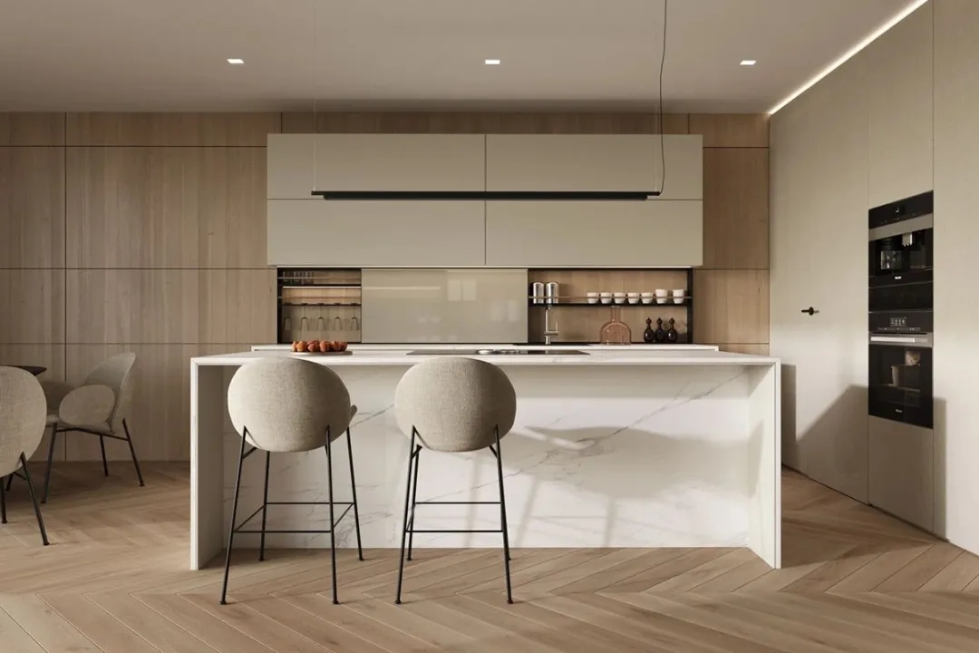 厨房的壁面以方便、不易受污、耐水、耐火、抗热、表面柔软，又具有视觉效果者为佳。