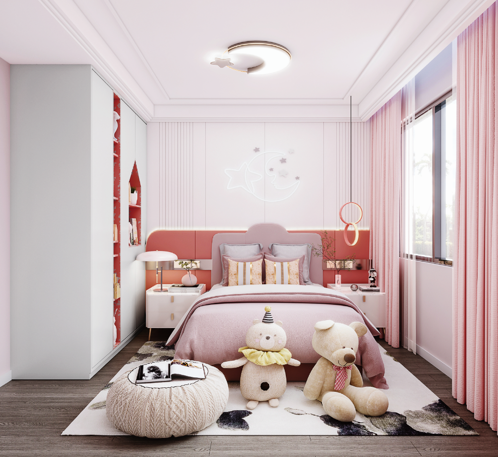 粉色主打的女儿房营造了一个公主般梦幻的乐园，让孩子在甜美、浪漫的环境中成长，整个空间既温馨又和谐。