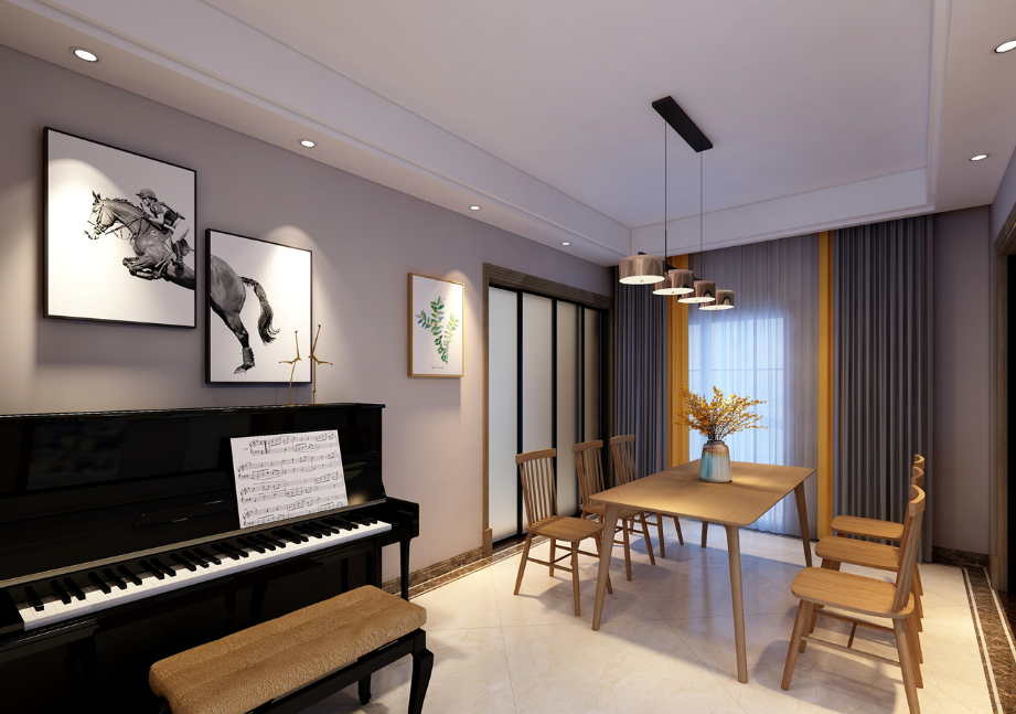 餐厅的区域采用了灯光带的设计，显得既明亮又宽敞，吃饭得氛围都更加温馨别致了。