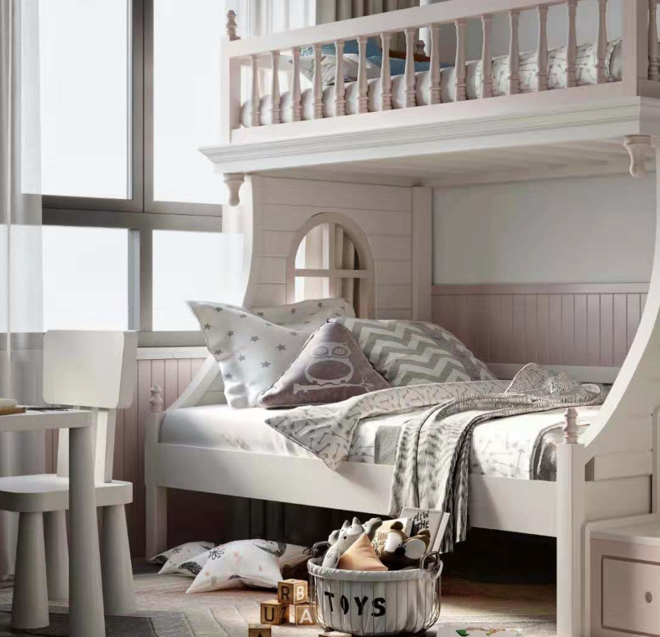 选用上下床为儿童房的主设计，可爱的小天梯有利于满足孩子自由活动，喜爱攀爬的活泼天性，充满趣味性。