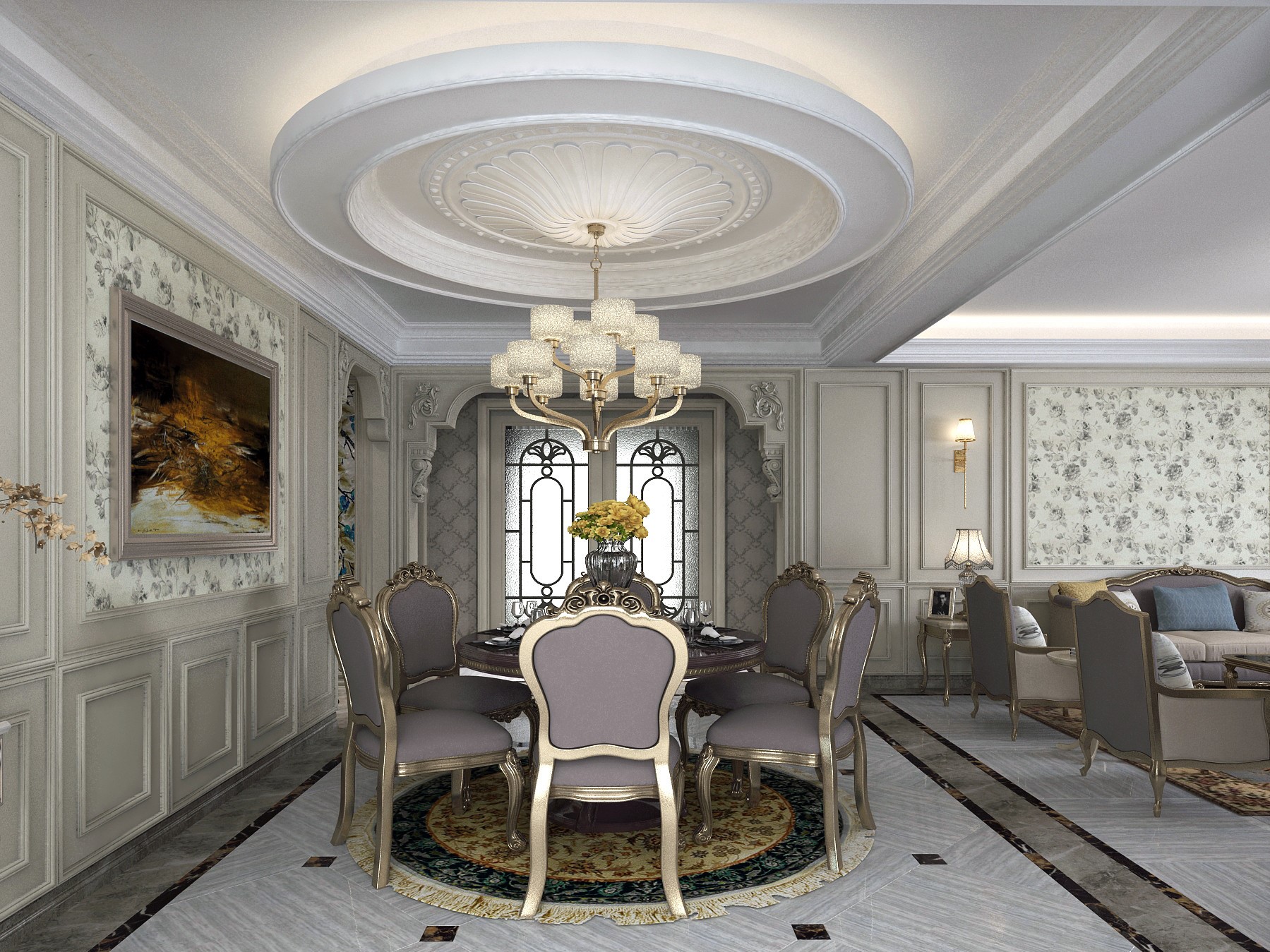 圆形的吊灯顶与圆形的餐桌相呼应，餐厅与其他区域间隔开，作为单独的一个空间，在这里摆一桌美食，与家人一起欢声笑语，享受一刻时光的美好，感受这份自然的温情。