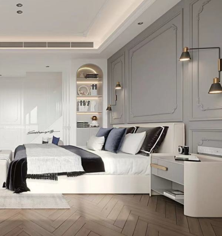 卧室采用了现代北欧简约风格，明快颜色的床品、窗帘布艺更显空间活泼整洁。