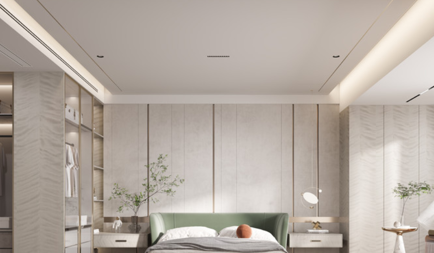 卧室采用了日系原木风的元素，浅木色与白色搭配，营造了一个宽敞、简约、温馨、自然又淡雅的房间。