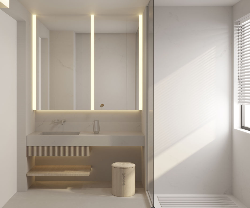 卫生间采用悬空的柜体让空间更加通透，也便于打扫。湿区淋浴采光好，带来清爽素净的沐浴体验。