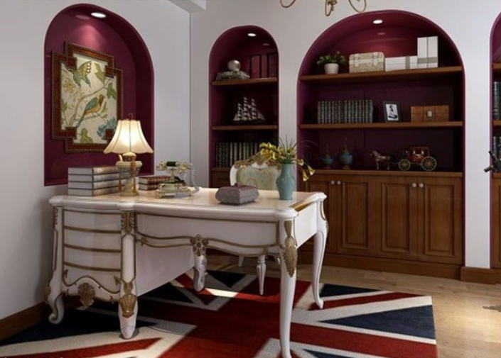 书房放置了一个落地书柜，采用弧形的造型设计，让书柜和空间更加别致，又不像全封闭式那样刻板。