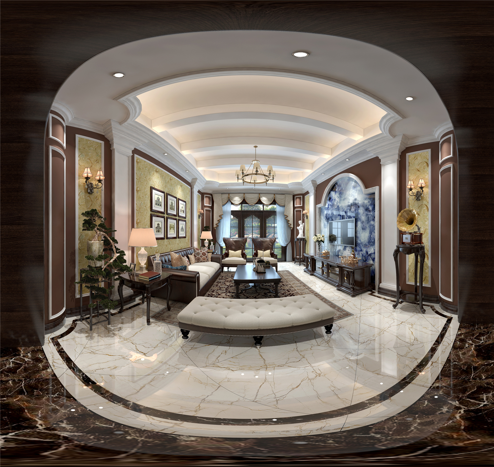 在美式风格装修中，装饰画是必不可少的。其中主要是以与众不同的油画为主；而乡村田园风格，大多是以乡村风景油画为主。美式的家居空间一般都比较大，所以装饰画的大小都不一样。不过在空阔的环境中挂一幅别有特色的壁画，无疑给人一种心旷神怡的感觉。