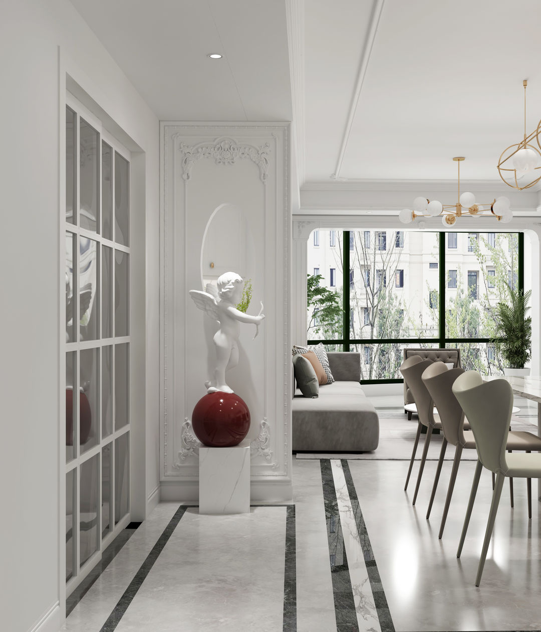 客厅作为待客区域，一般要求简洁明快，同时装修较其它空间要更明快光鲜，通常使用大量的石材和木饰面装饰