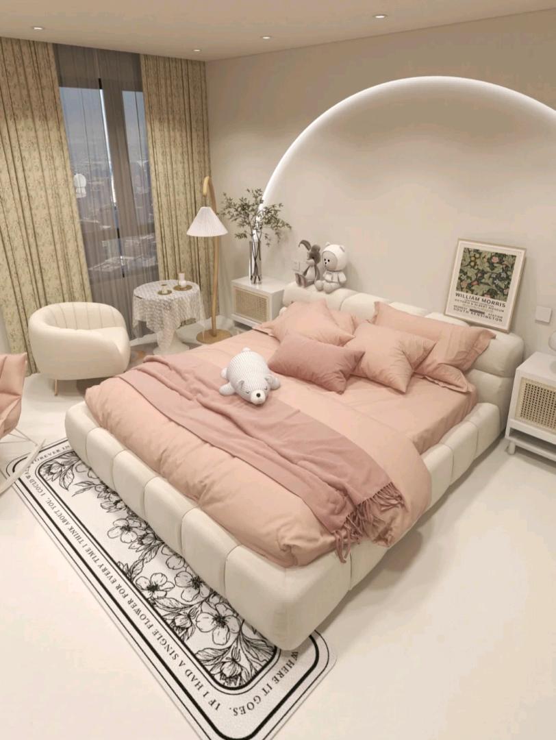 可发光的拱形的背景墙设计让卧室更有氛围感
干净奶白色的衣柜
可爱的落地镜
整个空间都变得丰富且实用