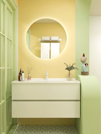 浅绿色色系的浴室也太好看了叭，绿色与白色、米色的相互碰撞，显得整个浴室格外温柔，整个人置身其中心情舒畅。
地面的淡绿色瓷砖更给浴室添加几分高层次的美感。 整体搭配毫无违和感~这样的装修你看了还不心动！