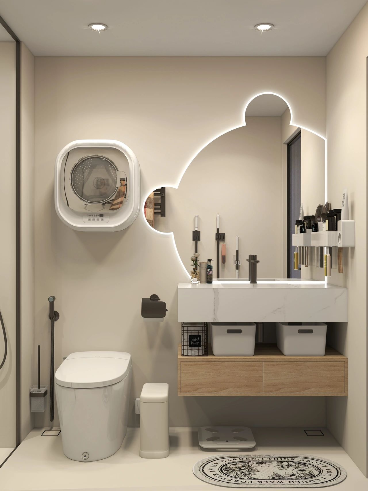#我家浴室靓了！# 奶白色系微水泥，一字型卫生间装修