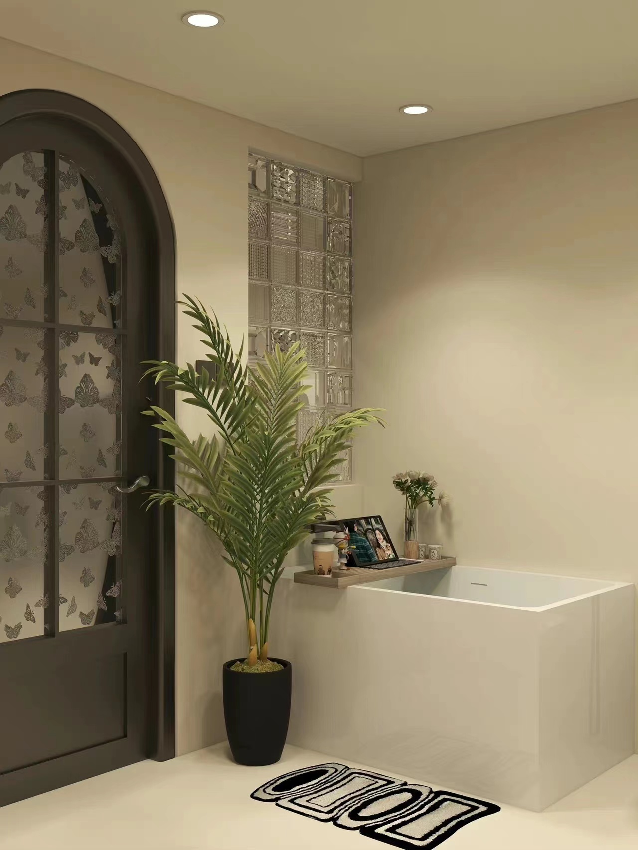 微水泥复古浴室，进去就不想出来了。
美美的复古蝴蝶浴室门很难不爱，整个浴室都是微水泥，搭配一些小绿植和木质元素，又复古又温馨。